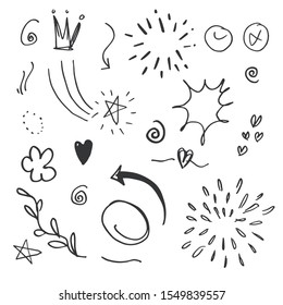 hand drawn set element,black on white background.arrow,heart,love,star,leaf,sun,light,flower,daisy,crown,king,queen,swishes,swoops,emphasis,swirl,heart,for concept design