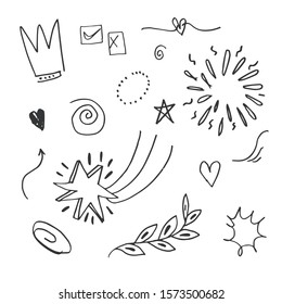 hand drawn set element,black on white background.arrow,heart,love,star,leaf,sun,crown,swirl,heart,for concept design