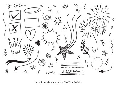 hand drawn set element,black on white background.arrow,heart,love,star,leaf,sun,light,flower,daisy,crown,king,queen,swishes,swoops,emphasis,swirl,heart,for concept design