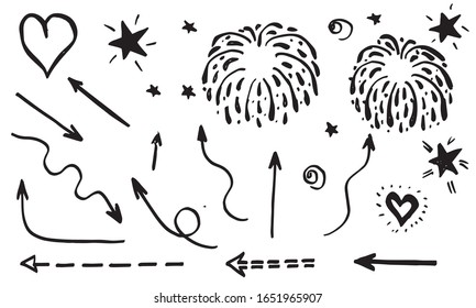 hand drawn set element,black on white background.arrow,firework,heart,star,light,emphasis,swirl,for concept design