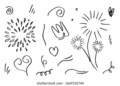 hand drawn set element,black on white background.heart,love,sun,light,king,swishes,swoops,emphasis,swirl,for concept design