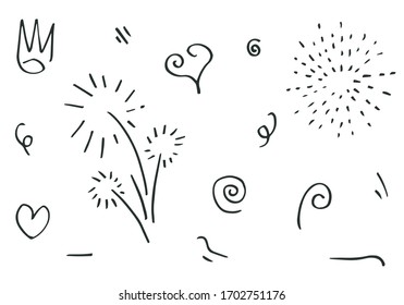 hand drawn set element,black on white background.heart,light,king,emphasis,swirl,for concept design.