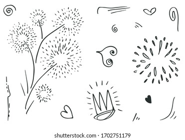 hand drawn set element,black on white background.heart,light,king,emphasis,swirl,for concept design