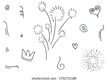 hand drawn set element,black on white background.heart,light,king,emphasis,swirl,for concept design