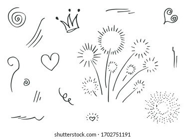 hand drawn set element,black on white background.heart,light,king,emphasis,swirl,for concept design