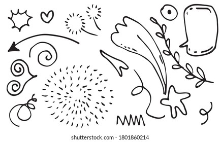 hand drawn set element,black on white background.arrow,heart,love,star,leaf,sun,light,flower,daisy,swishes,swoops,emphasis,swirl,for concept design.