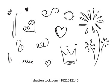 hand drawn set element,black on white background.heart,light,king,emphasis,swirl,for concept design.