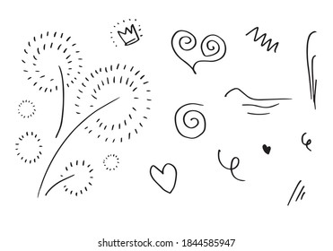 elemento de conjunto dibujado a mano, negro sobre fondo blanco.corazón, luz,rey,énfasis,giro,para el diseño de concepto.