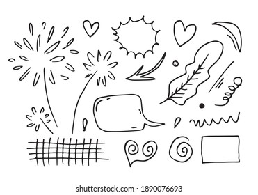 hand drawn set element,black on white background.arrow,heart,love,star,leaf,sun,light,leaf,daisy,swishes,swoops,emphasis,swirl,heart,bubble speech for concept design.