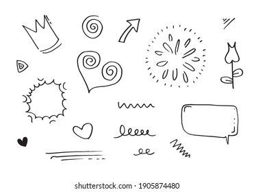 hand drawn set element,black on white background.heart,light,king,emphasis,swirl,flower,speech bubble,arrow,for concept design.