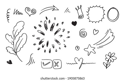 elemento de conjunto dibujado a mano, negro sobre fondo blanco.flecha, corazón, amor, estrella, hoja, sol, luz, flor, margarita, corona, rey, reina, nadar, cisnes, énfasis, remolino, corazón, para el diseño de concepto