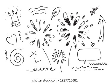 Hand Drawn Set Element,black On White Background.arrow,leaves,speech Bubble,heart,light,king,emphasis,swirl,for Concept Design.