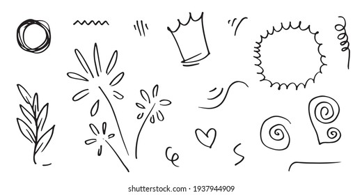 hand drawn set element,black on white background.circle,leaf,heart,light,king,emphasis,swirl,for concept design.
