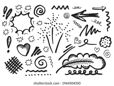 hand drawn set element,black on white background.leaves,speech bubble,heart,light,arrows,emphasis,swirl,for concept design.