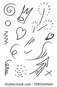 hand drawn set element,black on white background.arrow,heart,light,king,emphasis,swirl,for concept design.