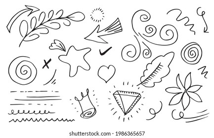 elemento set dibujado a mano, negro sobre fondo blanco.círculo,hoja,flor,flecha,estrella,marca de verificación,corazón,luz,rey,énfasis,giro,diseño conceptual.