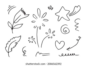 handgezeichnetes Element, schwarz auf weißem Hintergrund.Pfeil,Herz,Licht,König,Hervorhebung,Blatt,Stern,wirl,für Concept Design.
