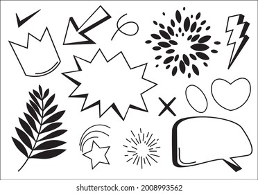 hand drawn set element,black on white background.arrow,leaves,speech bubble,heart,light,king,star,check mark,swirl,for concept design.