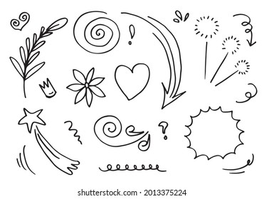 hand drawn set element,black on white background.arrow,star,leaf,flower,heart,light,king,emphasis,swirl,for concept design.