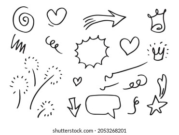 hand drawn set element,black on white background.arrow,star,speech bubble,heart,light,king,emphasis,swirl,for concept design.