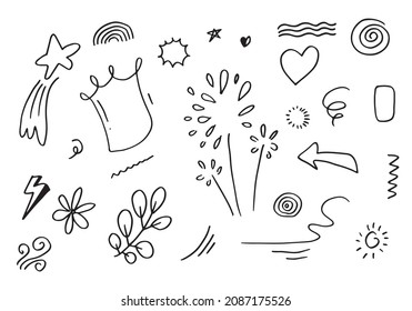 hand drawn set element,black on white background.arrow,leaves,speech bubble,heart,light,king,emphasis,swirl,for concept design.
