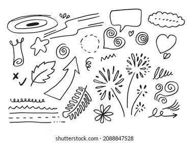 hand drawn set element,black on white background.arrow,leaves,speech bubble,heart,light,king,emphasis,swirl,star,for concept design.