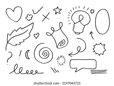 elemento de conjunto dibujado a mano, negro sobre fondo blanco.flecha,hojas,burbuja de habla, corazón, luz,rey,énfasis,giro,diseño conceptual.