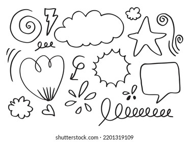 hand drawn set element,black on white background.arrow,cloud,speech bubble,heart,emphasis,swirl,for concept design.