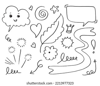 handgezeichnetes Element, schwarz auf weißem Hintergrund.Pfeil,Blätter,Sprachblase,Herz,Licht,König,Betonung,wirl,für Concept Design.