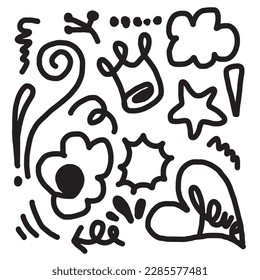 hand drawn set element,black on white background.arrow,leaves,speech bubble,heart,light,king,emphasis,swirl,for concept design.