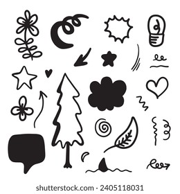 hand drawn set element,black on white background.arrow,leaves,speech bubble,heart,ribbon,flowers,emphasis,swirl,for concept design.