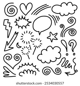 elemento de conjunto dibujado a mano, negro sobre fondo blanco. flecha, corazón, amor, estrella, hoja, sol, luz, flor, margarita, corona, rey, reina, swishes, swoops, énfasis, remolino, corazón, para el diseño conceptual