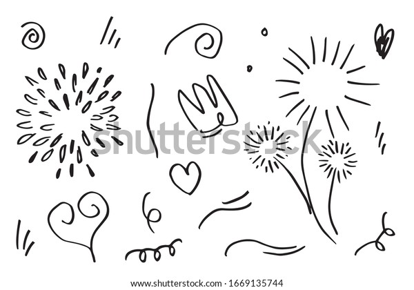 hand drawn set element,black on white\
background.heart,love,sun,light,king,swishes,swoops,emphasis,swirl,for\
concept design