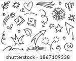 Hand drawn set elements, Abstract arrows, ribbons, hearts, stars, crowns and other elements in a hand drawn style for concept designs. Scribble illustration. Vector illustration.
