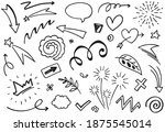 Hand drawn set elements, Abstract arrows, ribbons, fireworks, hearts, lightning,love , leaf, stars, crowns and other elements in a hand drawn style for concept designs. Scribble illustration.