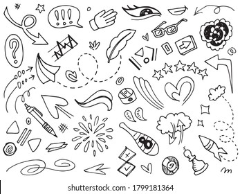 Hand drawn set elements. Abstract arrows, ribbons,fingers, billiard balls, leaves and other elements in hand drawn styles for concept design. Vector illustration of a doodle