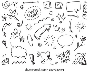 Hand drawn set elements, Abstract arrows, ribbons, hearts, stars, crowns and other elements in a hand drawn style for concept designs. Scribble illustration. Vector illustration.
