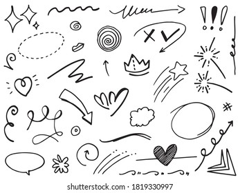 Hand drawn set elements, Abstract arrows, ribbons, hearts, stars, crowns and other elements in a hand drawn style for concept designs. Scribble illustration. Vector illustration.