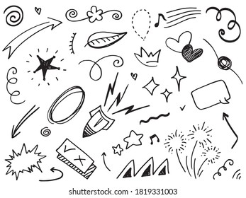 Hand drawn set elements, Abstract arrows, ribbons, hearts, stars, crowns and other elements in a hand drawn style for concept designs. Scribble illustration. Vector illustration.