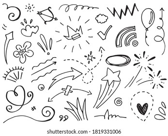 Hand drawn set elements, Abstract arrows, ribbons, hearts, stars, crowns and other elements in a hand drawn style for concept designs. Scribble illustration. Vector illustration.