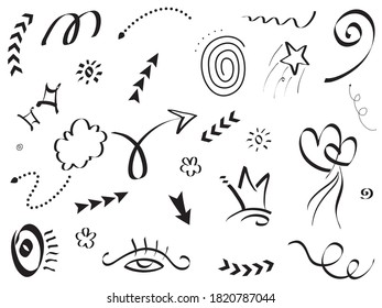 Hand drawn set elements, Abstract arrows, ribbons, hearts, stars, crowns and other elements in a hand drawn style for concept designs. Scribble illustration. Vector illustration.