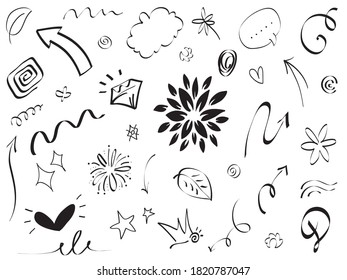 Hand drawn set elements, Abstract arrows, ribbons, hearts, stars, crowns and other elements in a hand drawn style for concept designs. Scribble illustration. Vector illustration.