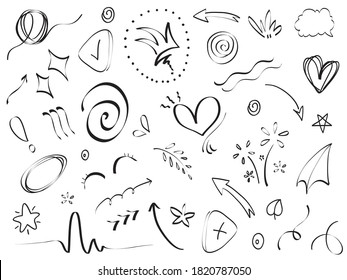 Hand drawn set elements, Abstract arrows, ribbons, hearts, stars, crowns and other elements in a hand drawn style for concept designs. Scribble illustration. Vector illustration.