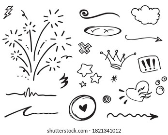 Hand drawn set elements, Abstract arrows, ribbons, hearts, stars, crowns and other elements in a hand drawn style for concept designs. Scribble illustration. Vector illustration.