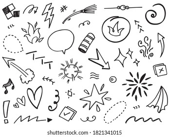 Hand drawn set elements, Abstract arrows, ribbons, hearts, stars, crowns and other elements in a hand drawn style for concept designs. Scribble illustration. Vector illustration.