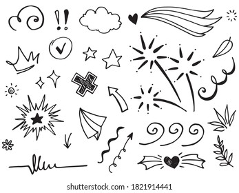 Hand drawn set elements, Abstract arrows, ribbons, hearts, stars, crowns and other elements in a hand drawn style for concept designs. Scribble illustration. Vector illustration.