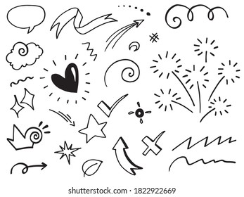 Hand drawn set elements, Abstract arrows, ribbons, hearts, stars, crowns and other elements in a hand drawn style for concept designs. Scribble illustration. Vector illustration.