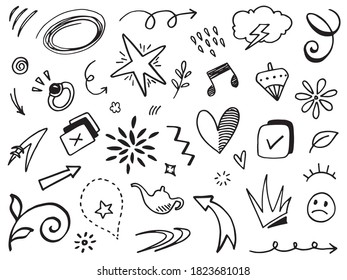 Hand drawn set elements, Abstract arrows, ribbons, hearts, stars, crowns and other elements in a hand drawn style for concept designs. Scribble illustration. Vector illustration.
