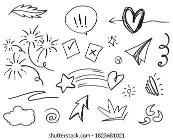 Hand drawn set elements, Abstract arrows, ribbons, hearts, stars, crowns and other elements in a hand drawn style for concept designs. Scribble illustration. Vector illustration.