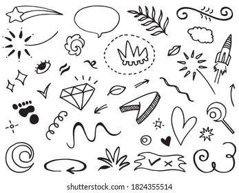 Hand drawn set elements, Abstract arrows, ribbons, hearts, stars, crowns and other elements in a hand drawn style for concept designs. Scribble illustration. Vector illustration.